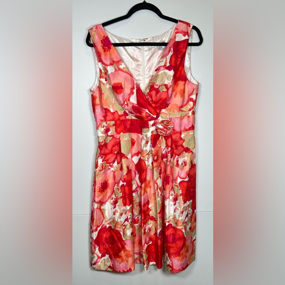 Sandra Darren Red and Pink V-Neck Sundress. Size 14. #Springdress #resortwear
